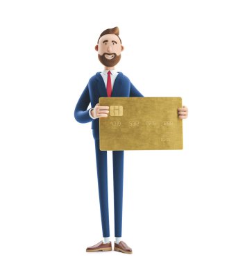 3D Illustration. Altın kredi kartı ile işadamı Billy.