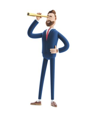 3D Illustration. İşadamı Billy Spyglass ile gelecekte bakıyor .