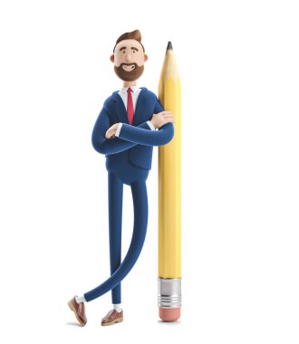 3D Illustration. Büyük bir kalem ile işadamı Billy.