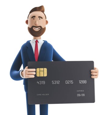 3D Illustration. Siyah kredi kartı ile işadamı Billy.