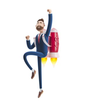 3D Illustration. Bir roket üzerinde uçan iş adamı Billy Jetpack. İş başlangıç kavramı, yeni bir şirketin başlatılması.
