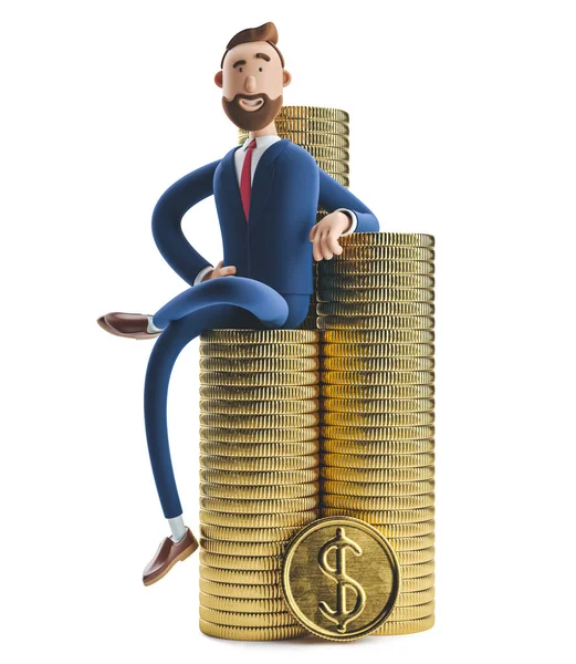 3D-Illustration. Porträt eines gutaussehenden Geschäftsmannes Billy mit einem Stapel Geld. — Stockfoto