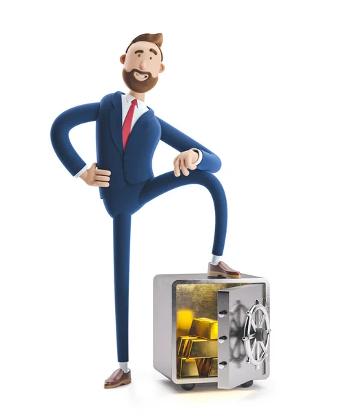Ilustracji 3D. Biznesmen Billy z bezpiecznym i złotym. — Zdjęcie stockowe