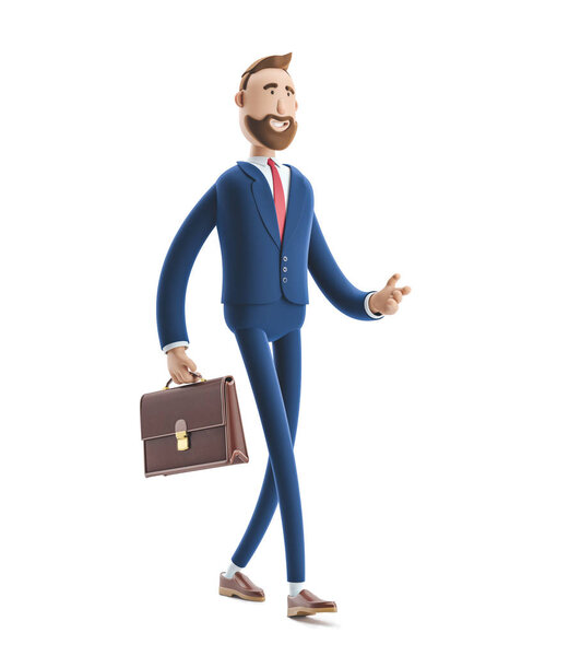 3d illustration.Businessman Billy with a case walking.