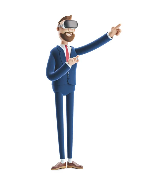 3d illustration. Businessman Billy using virtual reality glasses and touching vr interface.