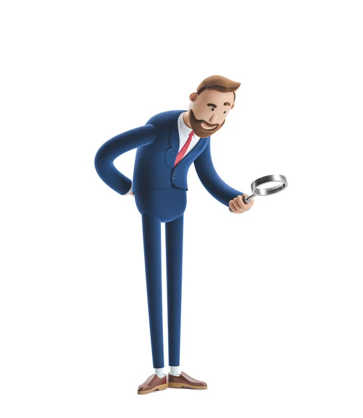 3d illustration.Businessman Billy looking at banknotes through magnifying glass.