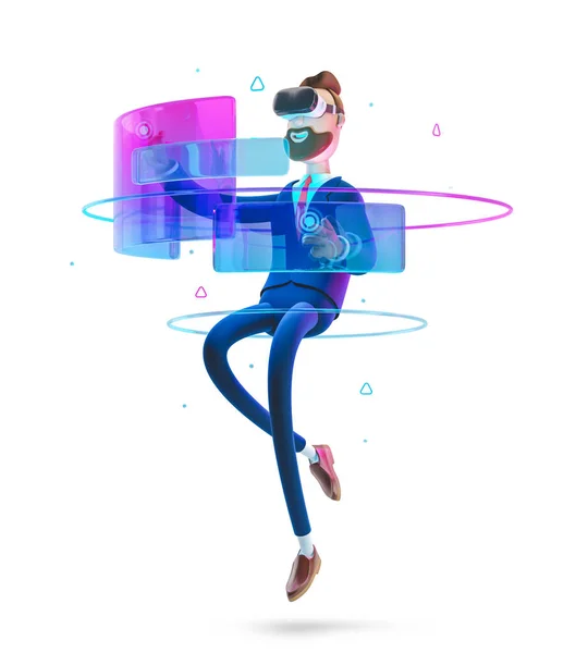 3d illustration. Businessman Billy using virtual reality glasses and touching vr interface.