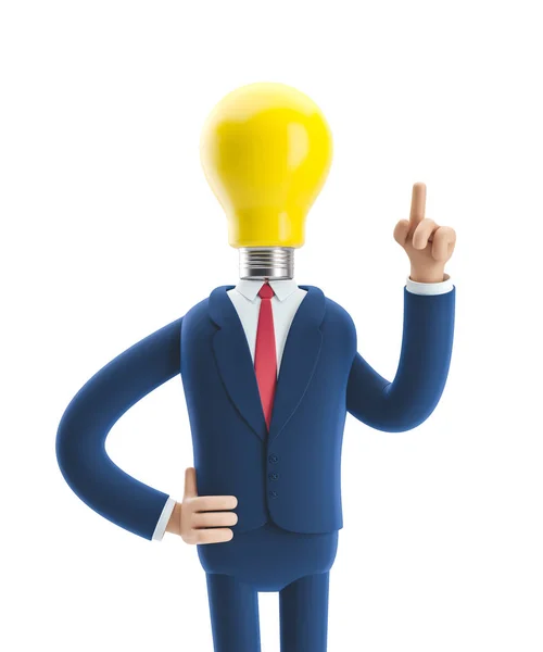 Illustration 3D. Homme d'affaires Billy avec ampoule jaune. Innovation et concept d'inspiration . — Photo