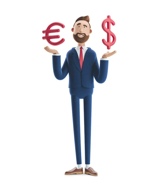 Ilustración 3d. Empresario Billy con gran euro y signo de dólar . — Foto de Stock