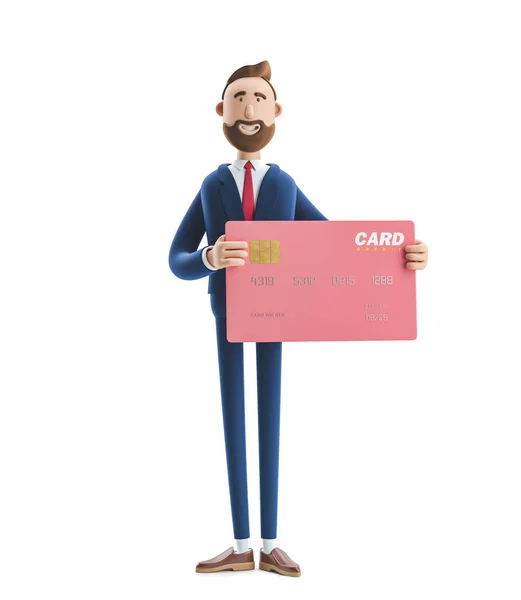 3D illusztráció. Billy üzletember rózsaszín bankkártyával. — Stock Fotó