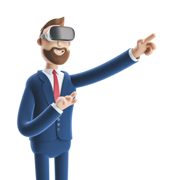 3d illustration. Businessman Billy using virtual reality glasses and touching vr interface.