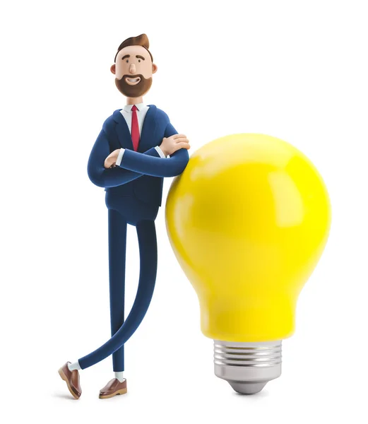 Ilustração 3d. Homem de negócios Billy com lâmpada amarela. Conceito de inovação e inspiração . — Fotografia de Stock