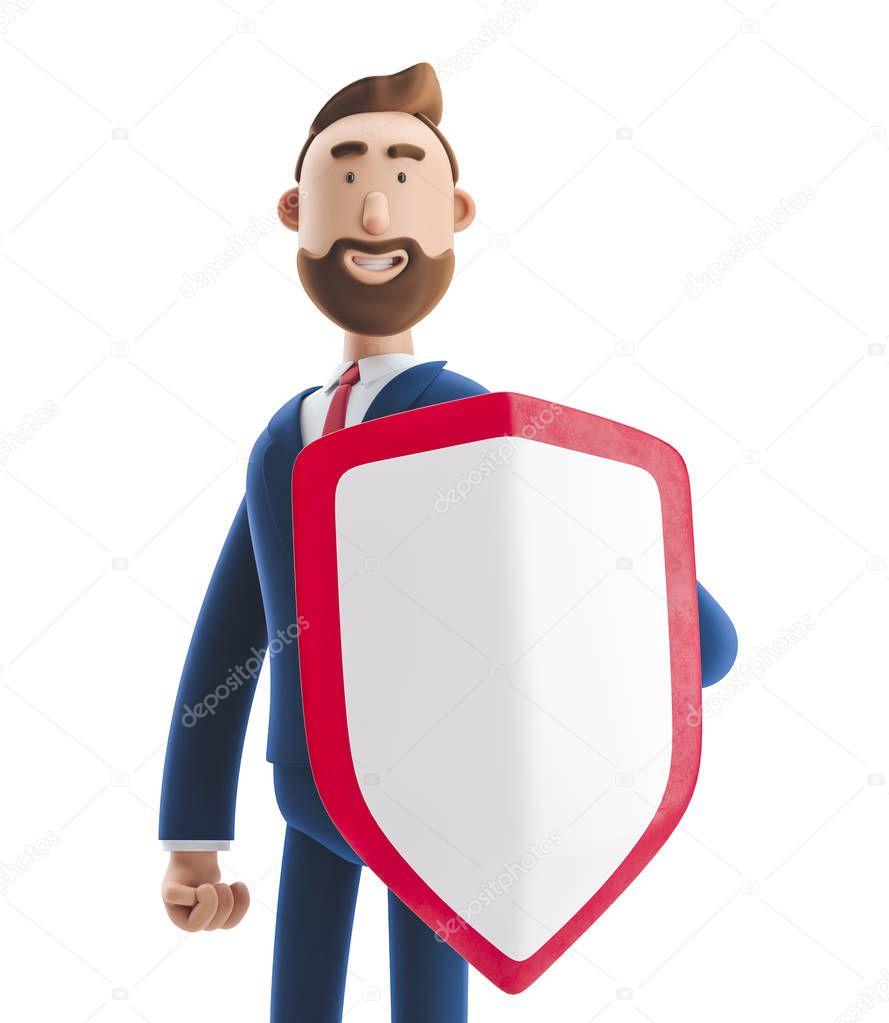 3d illustration. Businessman Billy with shield. Safety and protection in business