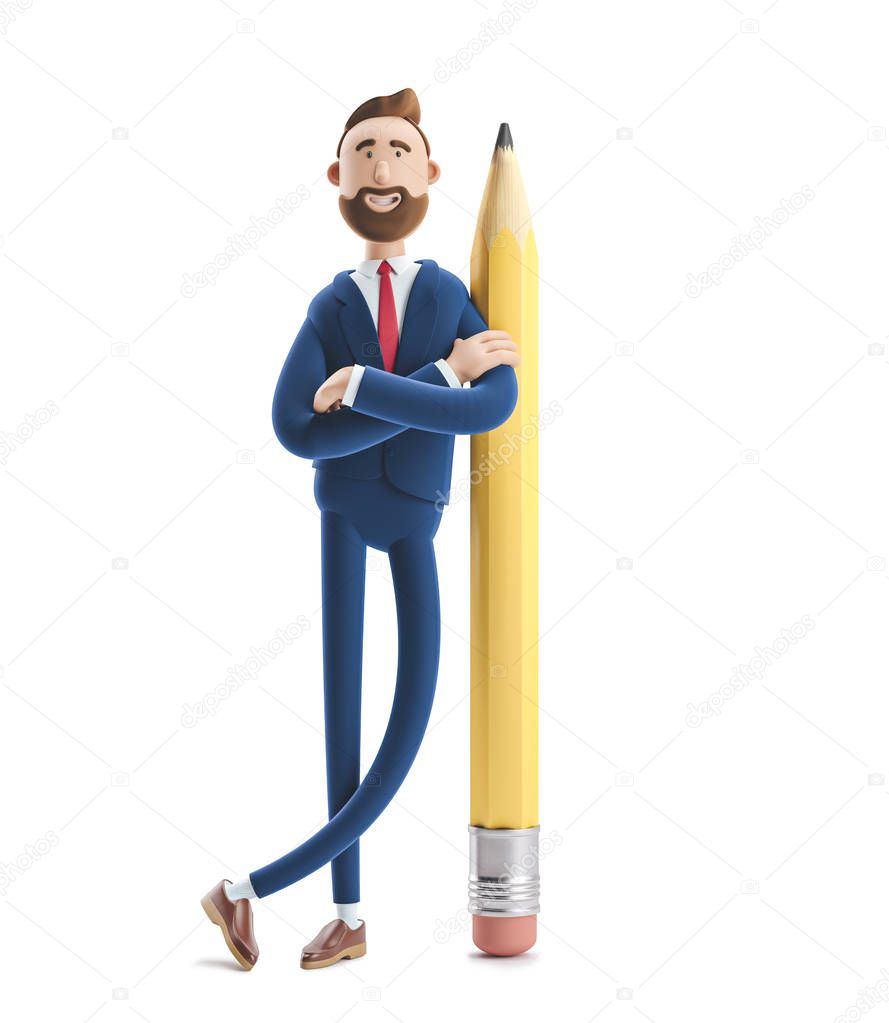 3d illustration. Businessman Billy with a big pencil.