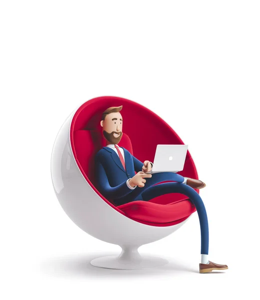 Ilustração 3d. Bonito empresário Billy sentado em uma cadeira de ovo com laptop . — Fotografia de Stock