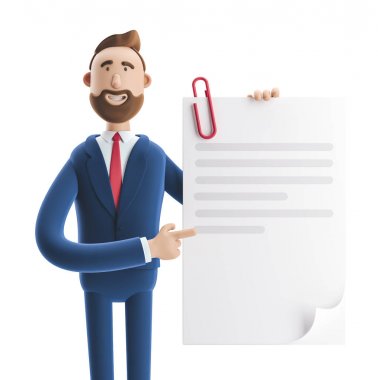 3d illustration. Handsome businessman Billy holds a completed document. clipart