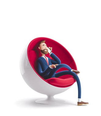 3d illustration. Handsome businessman Billy sitting in an egg chair and talking on the phone. clipart