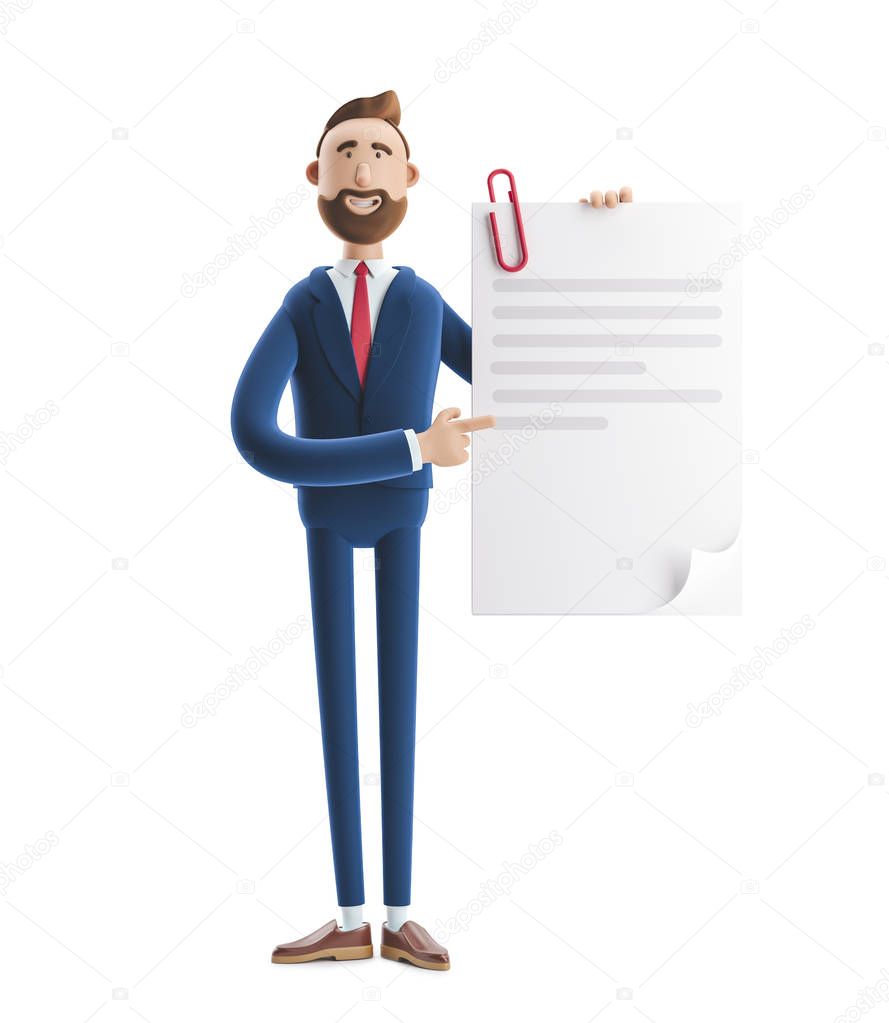 3d illustration. Handsome businessman Billy holds a completed document.