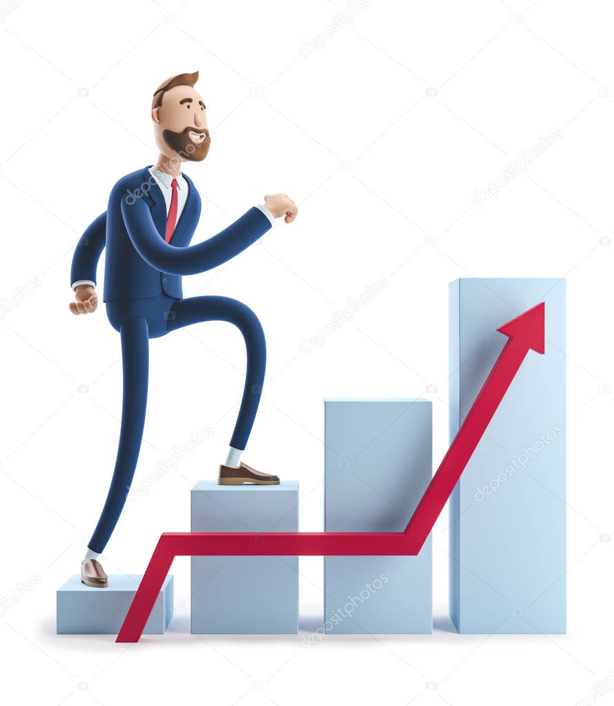 3d illustration. Businessman Billy goes to success. Concept of financial growth. Dashboard with the analysis of finance