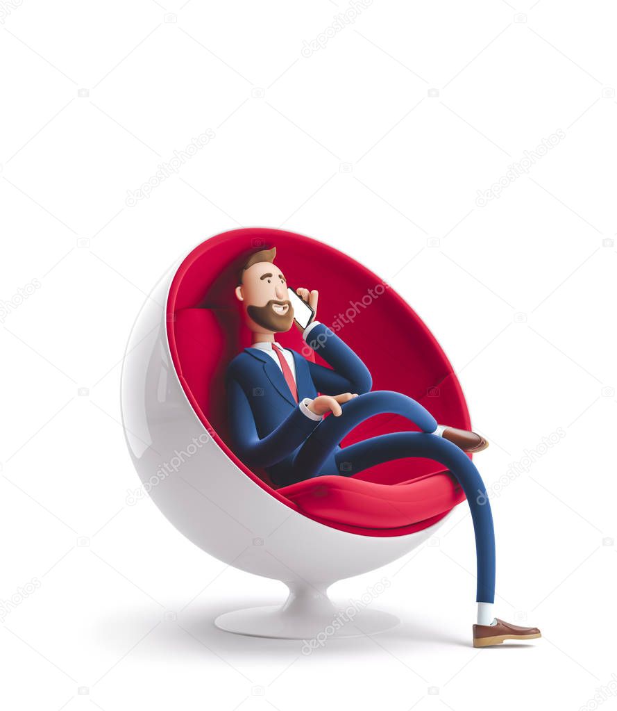 3d illustration. Handsome businessman Billy sitting in an egg chair and talking on the phone.