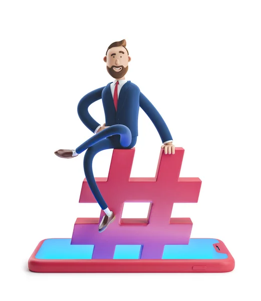Ilustracji 3D. Biznesmen Billy siedzi na ikonie hashtagu. Pojęcie mediów społecznościowych. — Zdjęcie stockowe