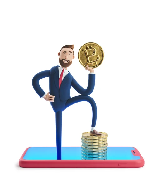 3D illusztráció. Billy üzletember és Bitcoin. Mobil banki koncepció. Online bank. A cryptocurrency — Stock Fotó
