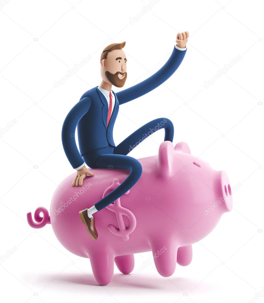 3d illustration. Portrait of a handsome businessman with piggy bank. Safe money storage concept.