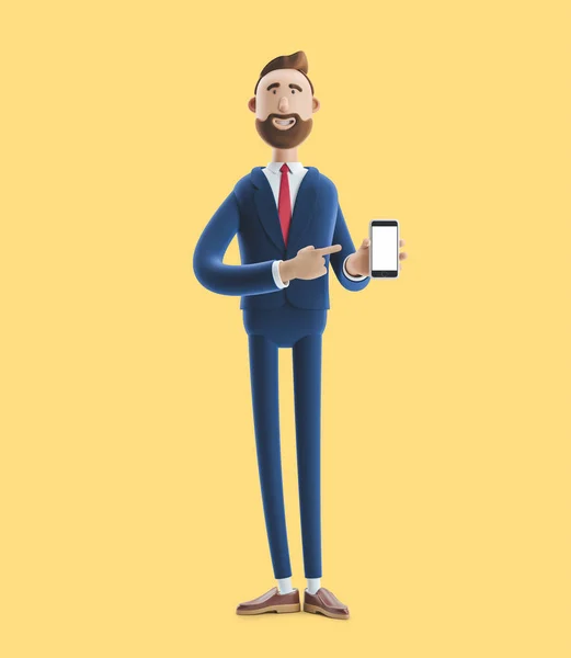 Ritratto di un bel personaggio dei cartoni animati con cellulare. Illustrazione 3d su sfondo giallo — Foto Stock