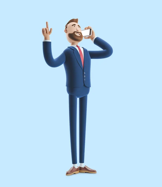 Retrato de personagem de desenho animado falando no telefone móvel. ilustração 3d no fundo azul — Fotografia de Stock