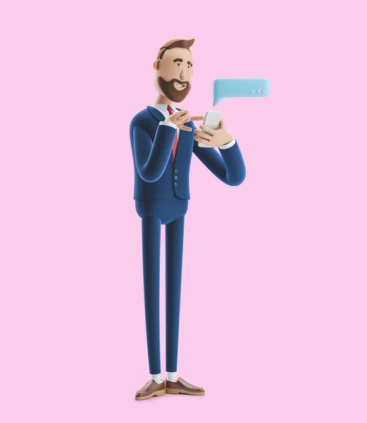 Personaje de dibujos animados enviar un mensaje desde el teléfono. Ilustración 3d sobre fondo rosa —  Fotos de Stock