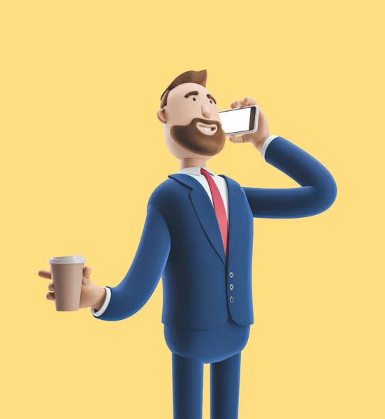 Personagem de desenho animado falando no telefone e segurando café. ilustração 3d no fundo amarelo — Fotografia de Stock