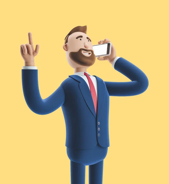 Portrait of cartoon character talking on mobile phone. 3d illustration on yellow background