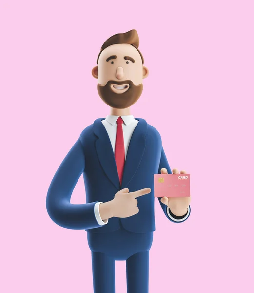 Desenho animado personagem sorriso e segurando cartão de crédito. ilustração 3d no fundo rosa — Fotografia de Stock