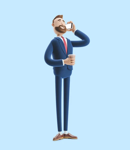 Cartoon character talking on the phone and holding coffee. 3d illustration on blue background — Stock Photo, Image