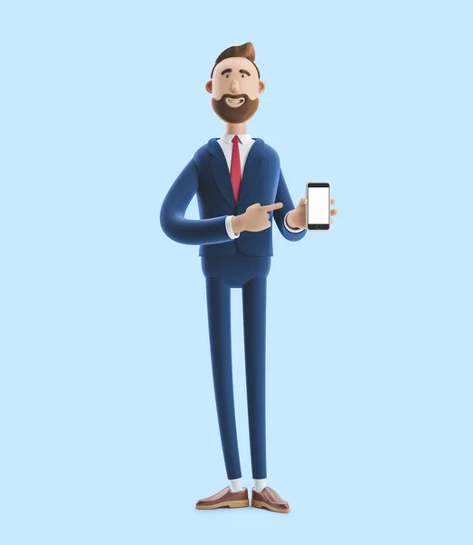 Portrait of a handsome cartoon character with mobile phone. 3d illustration on blue background