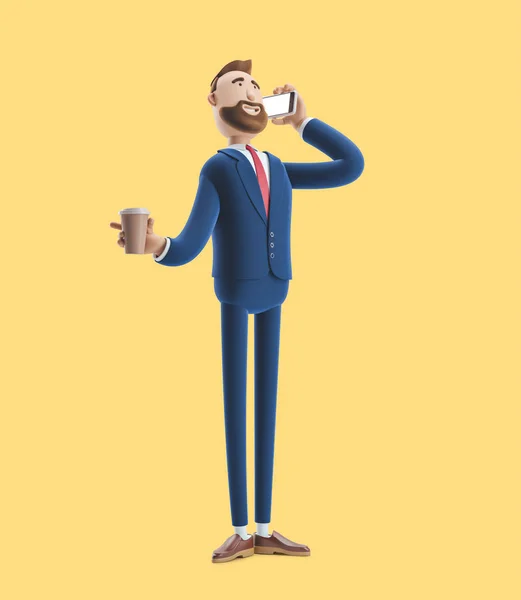 Personnage de dessin animé parlant au téléphone et tenant du café. Illustration 3d sur fond jaune — Photo