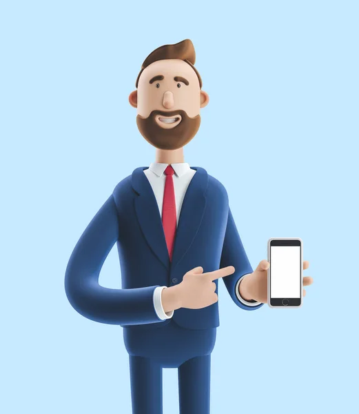 Portrét hezkého kresleného znaku s mobilním telefonem. 3D ilustrace na modrém pozadí — Stock fotografie