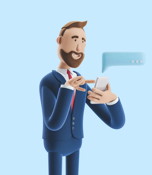 Personagem dos desenhos animados enviar mensagem do telefone. ilustração 3d no fundo azul — Fotografia de Stock