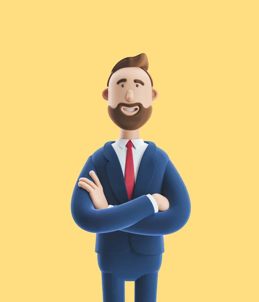 Retrato de un apuesto personaje de dibujos animados. Ilustración 3d sobre fondo amarillo — Foto de Stock
