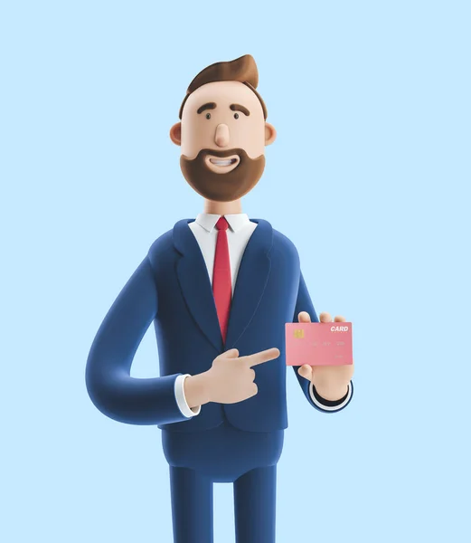 Tecknad karaktär leende och hålla kreditkort. 3D-illustration på blå bakgrund — Stockfoto