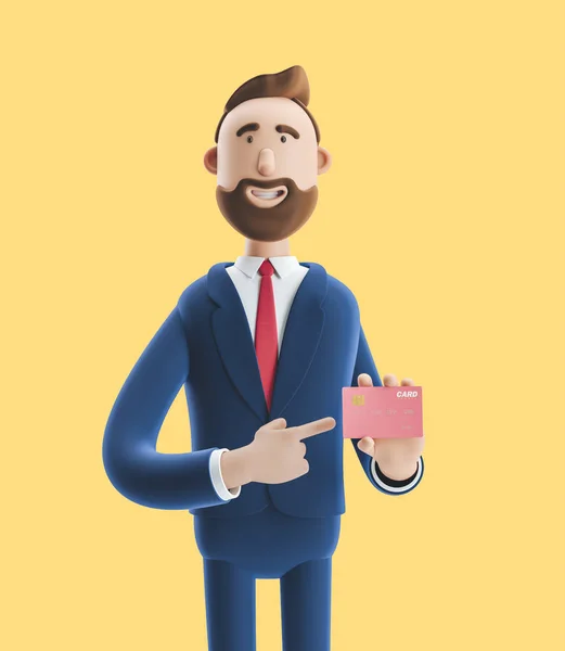 Zeichentrickfigur lächelt und hält Kreditkarte. 3D Illustration auf gelbem Hintergrund — Stockfoto