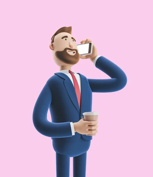 Personaje de dibujos animados hablando por teléfono y sosteniendo el café. Ilustración 3d sobre fondo rosa —  Fotos de Stock