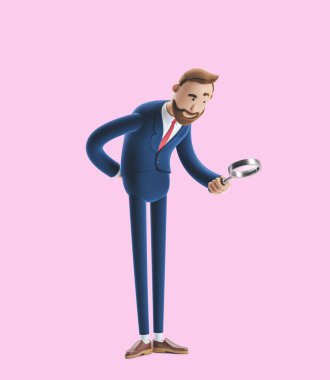 Businessman Billy looking through magnifying glass. 3d illustration on pink background clipart