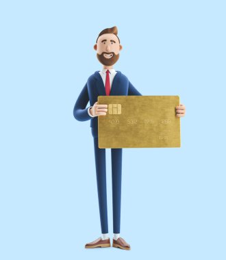 Altın kredi kartı olan işadamı Billy. Mavi arka plan üzerinde 3d illüstrasyon