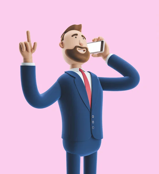 Retrato de personagem de desenho animado falando no telefone móvel. ilustração 3d no fundo rosa — Fotografia de Stock