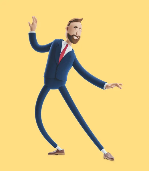 Portret van een knappe cartoon karakter Happy expressie dansen. 3D-illustratie op gele achtergrond — Stockfoto