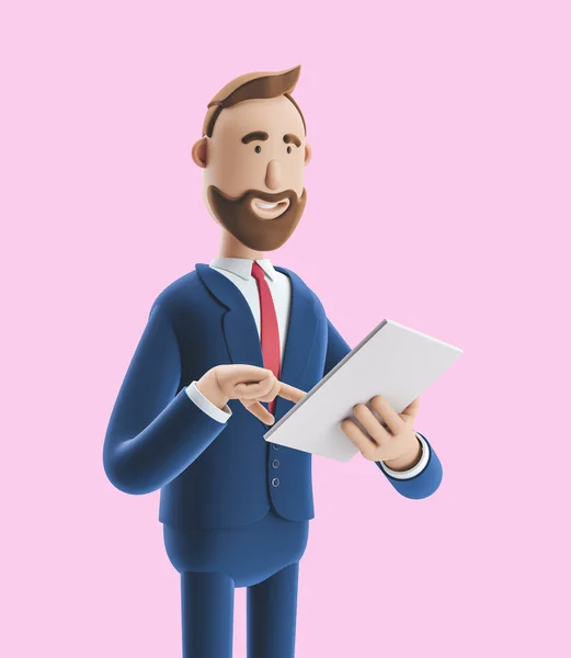Egy rajzfilmfigura tart egy notebook, és mosolyogva. 3D illusztráció rózsaszín háttérrel — Stock Fotó