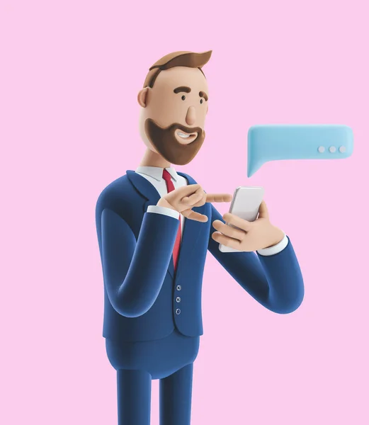 Cartoon character send message from phone. 3d illustration on pink background — Stock Photo, Image