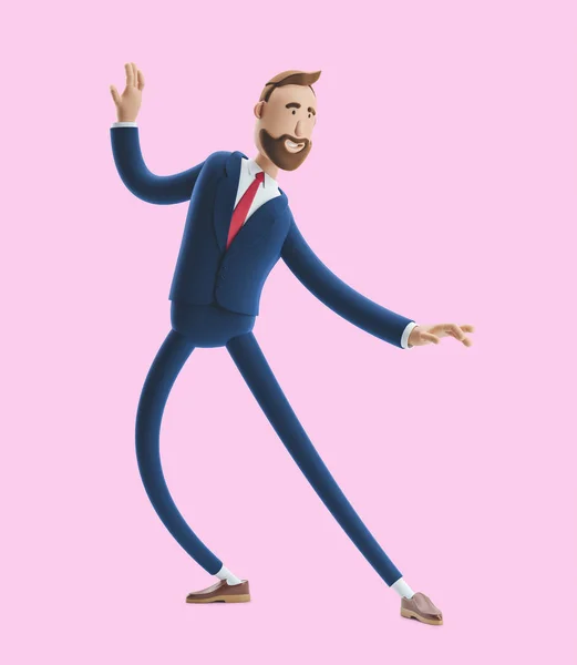 Portrait of a handsome cartoon character happy expression dancing. 3d illustration on pink background