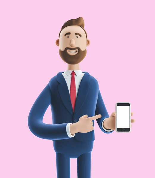 Portrét hezkého kresleného znaku s mobilním telefonem. 3D ilustrace na růžovém pozadí — Stock fotografie